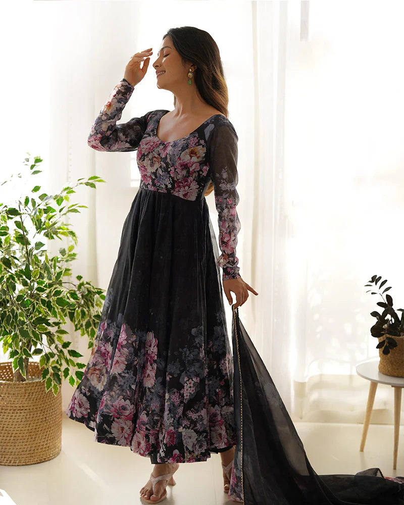 BLACK COLOR FLORAL PRINT ORGANZA THREE PIECE ANARKALI SUIT