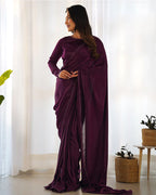 WINE COLOR MARBLE VELVET PRE DRAPPED SAREE