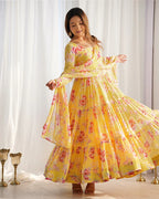 YELLOW COLOR GEORGETTE THREE LAYER RUFFLE STYLE ANARKALI SUIT