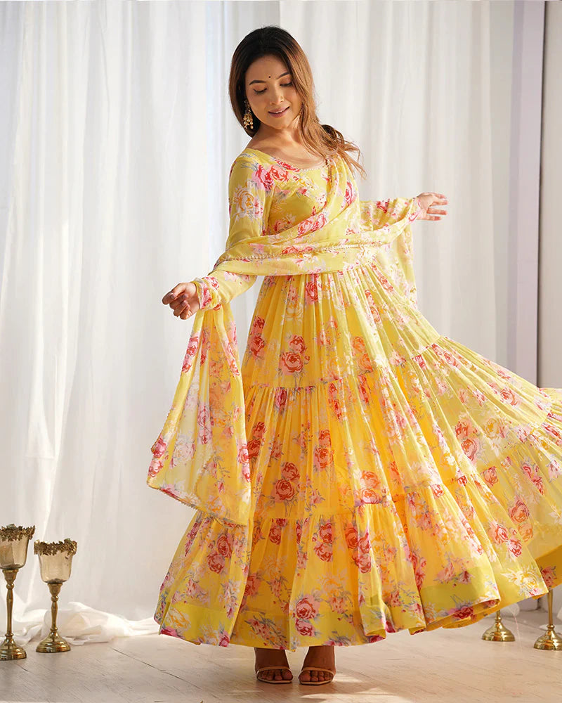 YELLOW COLOR GEORGETTE THREE LAYER RUFFLE STYLE ANARKALI SUIT
