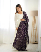 WHITE COLOR SOFT VICHITRA SILK ANARKALI WITH DARK PURPLE DUPATTA