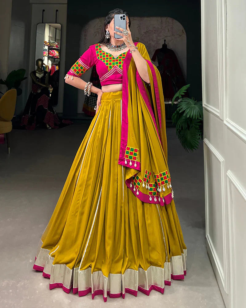 MUSTARD COLOR PURE RAYON NAVRATRI LEHENGA CHOLI