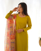 YELLOW COLOR VISCOSE READY TO WEAR THREE PIECE KURTI SUIT