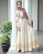 ELEGANT OFF WHITE KORA COTTON MIRROR WORK NAVRATRI LEHENGA CHOLI