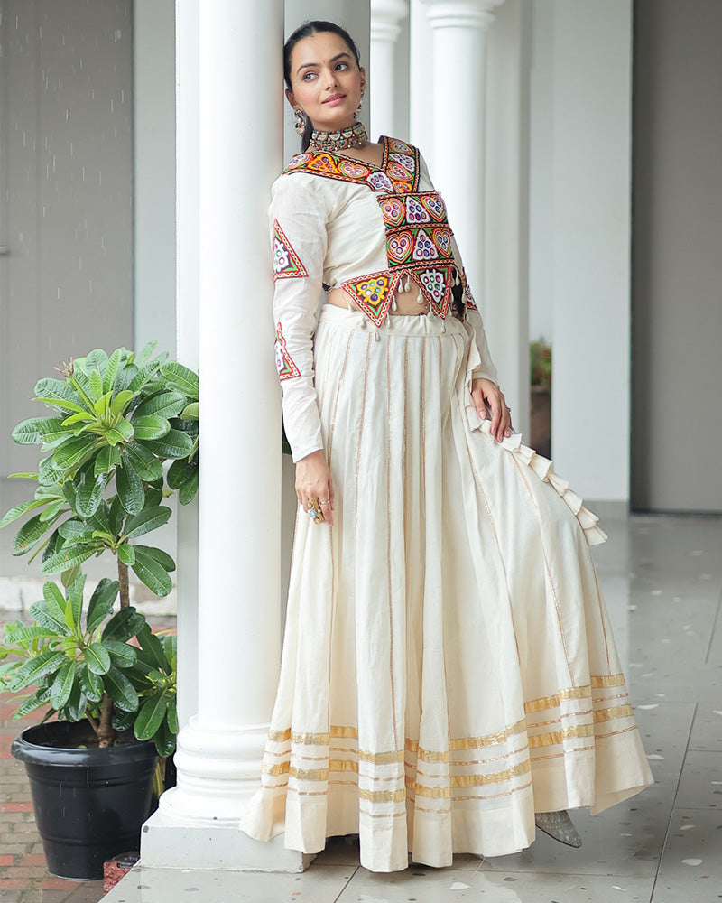 ELEGANT OFF WHITE KORA COTTON MIRROR WORK NAVRATRI LEHENGA CHOLI