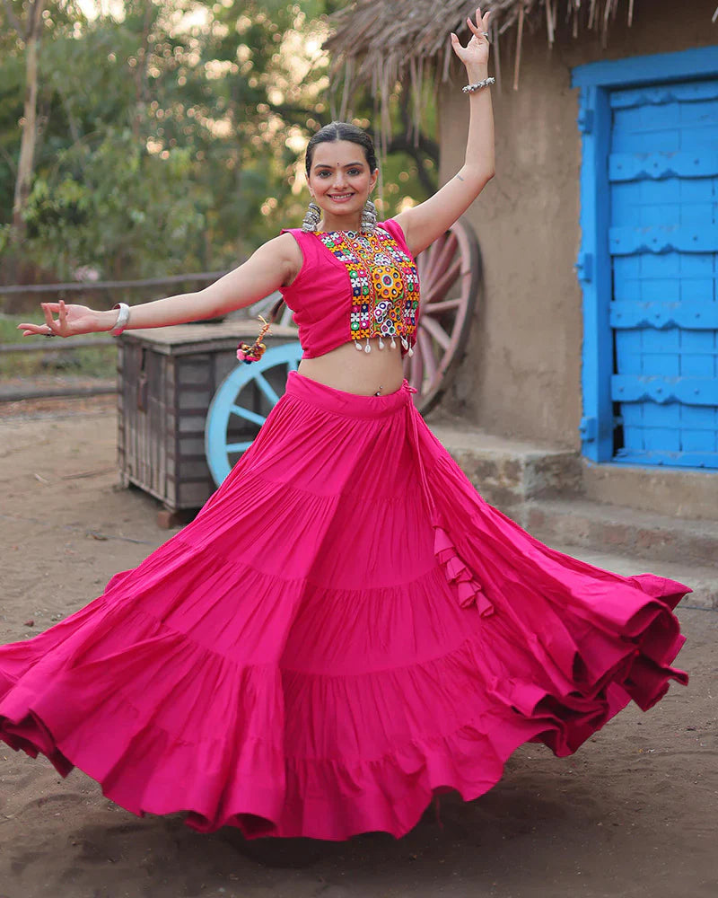 RANI PINK COLOR RAYON EMBROIDERED NAVRATRI LEHENGA CHOLI