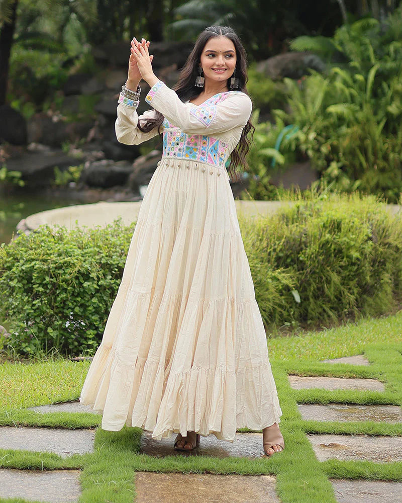 OFF-WHITE COLOR KORA COTTON NAVRATRI GOWN