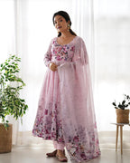 BABY PINK COLOR FLORAL PRINT ORGANZA THREE PIECE ANARKALI SUIT