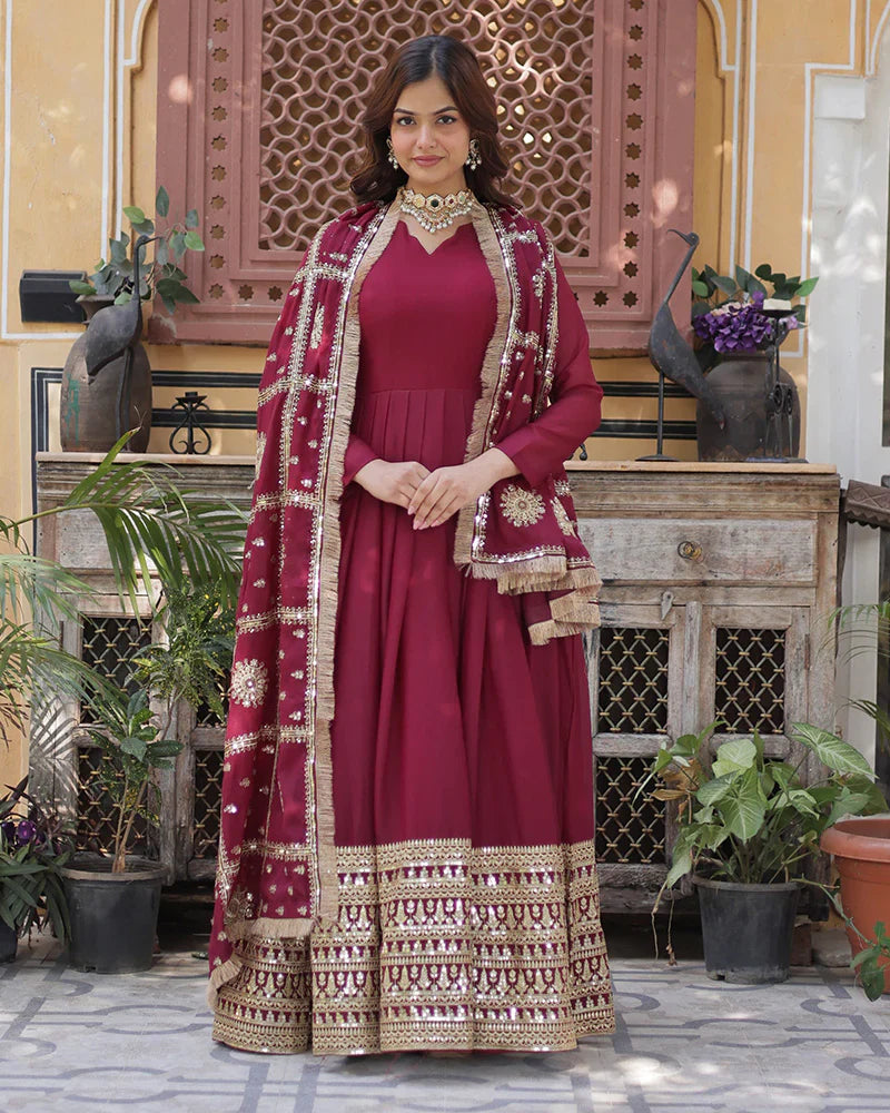MAROON COLOR STAR GEORGETTE FABRIC BASE EMBROIDERED SEQUENCE WORK GOWN WITH DUPATTA