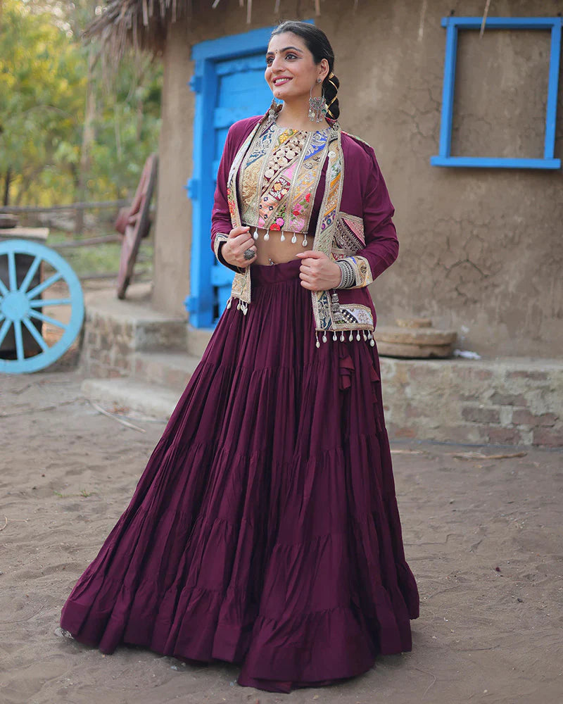 WINE COLOR RAYON EMBROIDERED NAVRATRI LEHENGA CHOLI