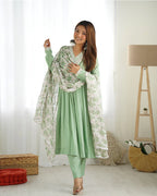 PISTA COLOR CHANDERI SILK THREE PIECE KURTI SUIT