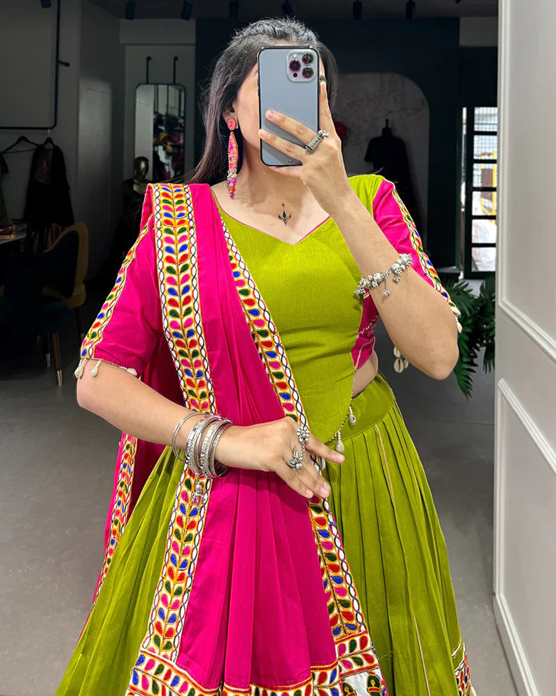 PINK AND PARROT COMBINATION COLOR COTTON NAVRATRI LEHENGA CHOLI