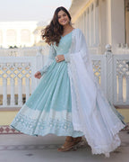 EXCLUSIVE PISTA COLOR GEORGETTE GOWN WITH DUPATTA