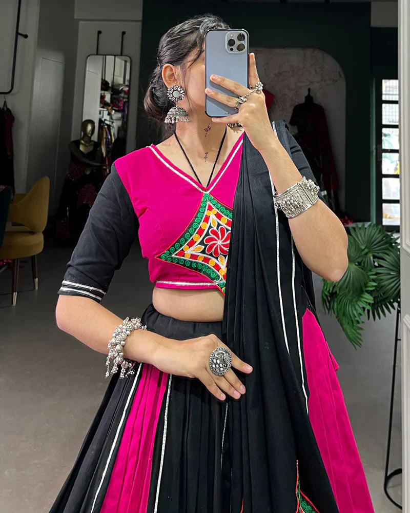 PINK AND BLACK COLOR COTTON NAVRATRI LEHENGA CHOLI