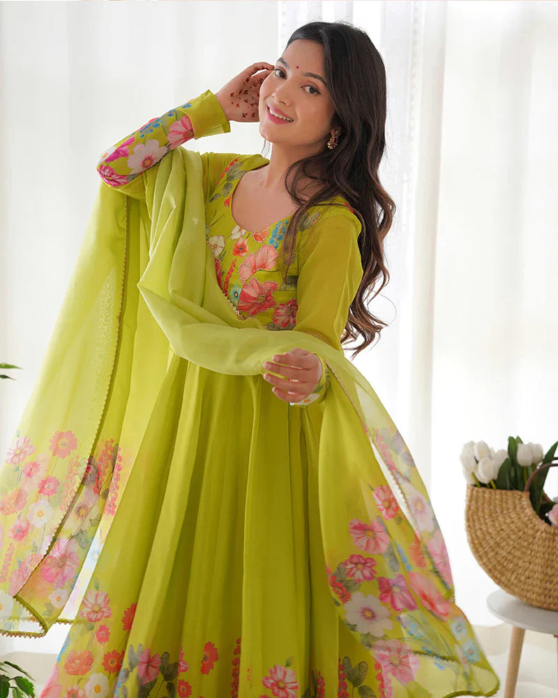 NEON COLOR FLORAL PRINT ORGANZA THREE PIECE ANARKALI SUIT