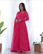 PINK COLOR BANDHEJ PRINT SOFT CHIFFON STYLISH NECK THREE PIECE ANARKALI GOWN
