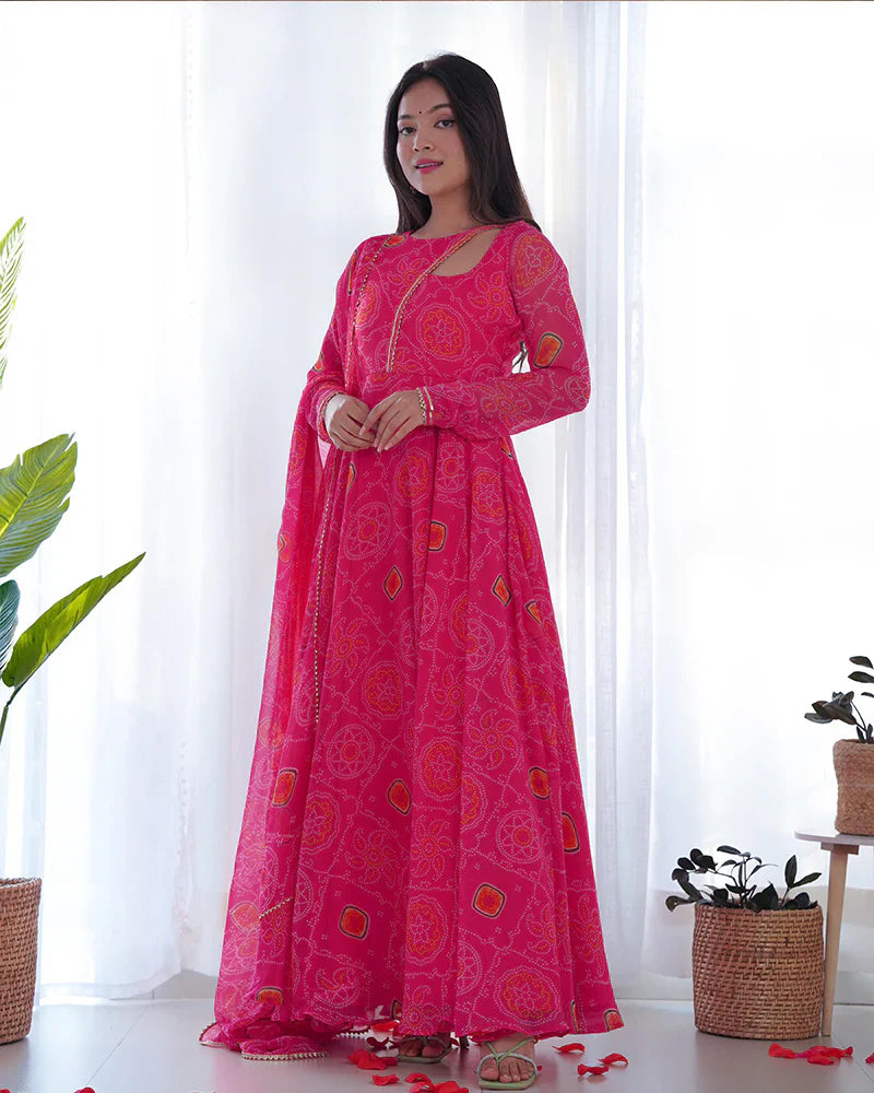 PINK COLOR BANDHEJ PRINT SOFT CHIFFON STYLISH NECK THREE PIECE ANARKALI GOWN