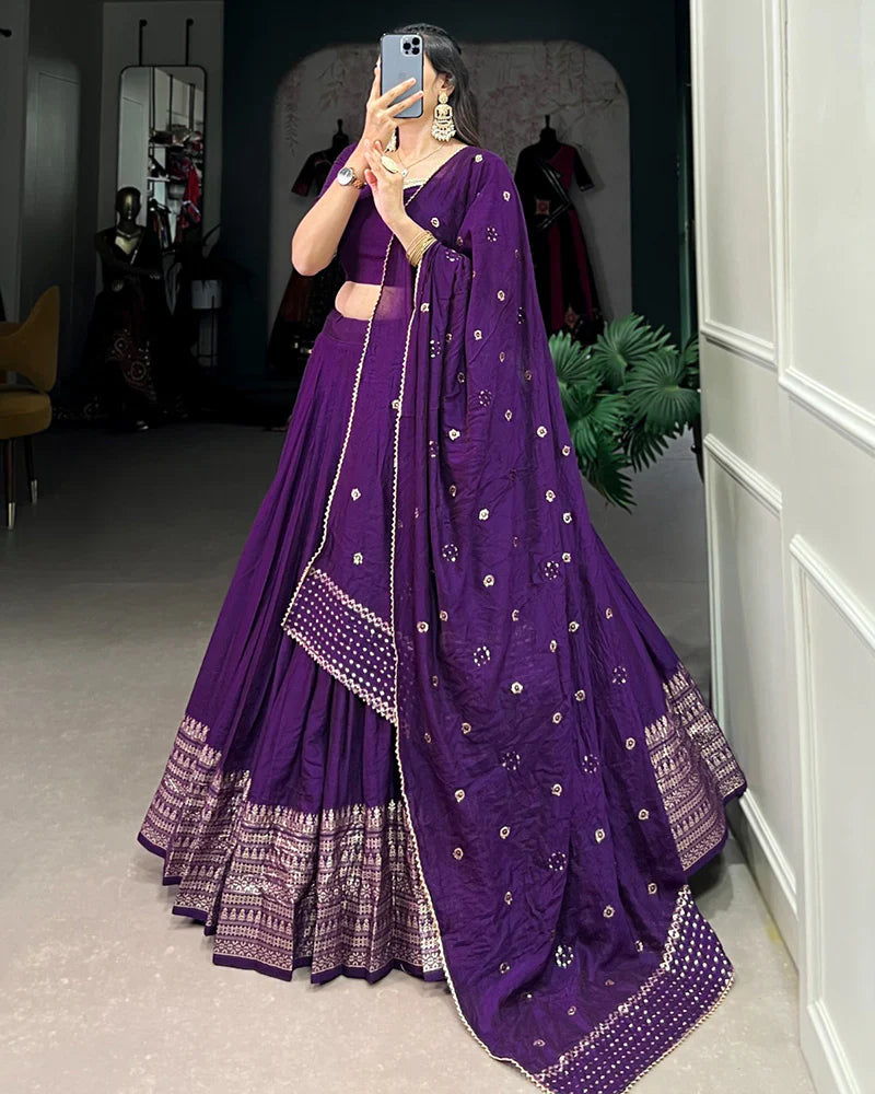 DARK PURPLE COLOR PURE CHANDERI PLAIN NAVRATRI LEHENGA CHOLI