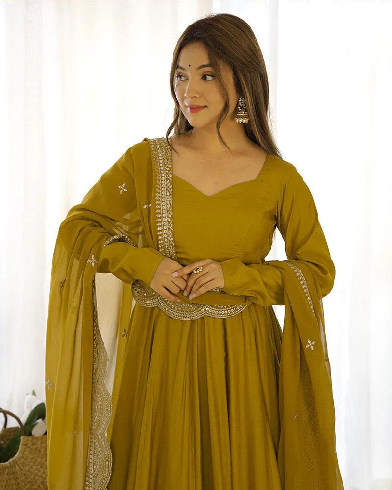 BEAUTIFUL MUSTARD COLOR PURE CHANDERI SILK THREE PIECE ANARKALI SUIT