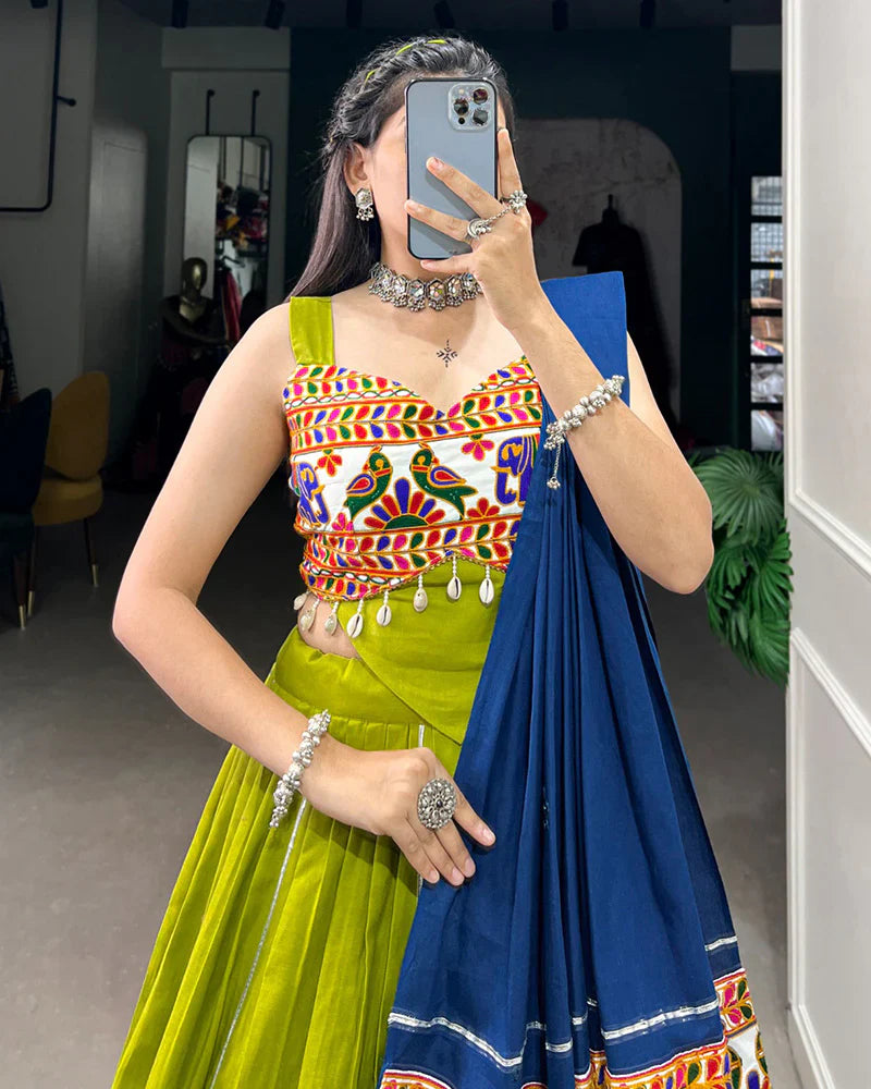 PARROT GREEN AND BLUE COLOR PURE COTTON NAVRATRI LEHENGA CHOLI