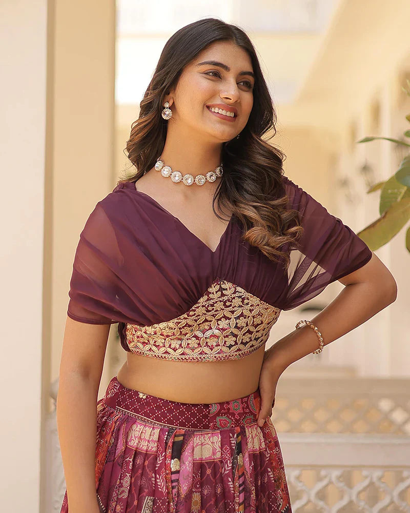 WINE COLOR DESIGNER RUSSIAN SILK EMBROIDERY CROP TOP LEHENGA CHOLI