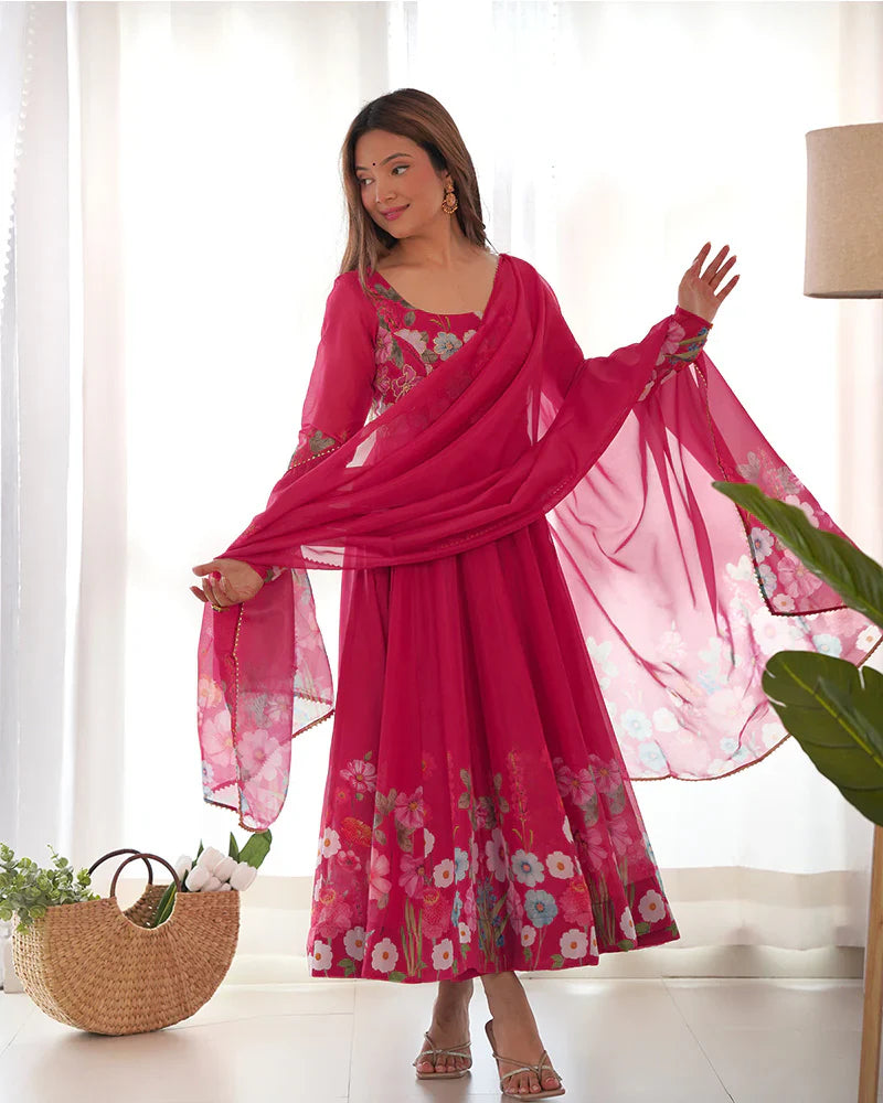 RANI PINK COLOR FLORAL PRINT ORGANZA THREE PIECE ANARKALI SUIT