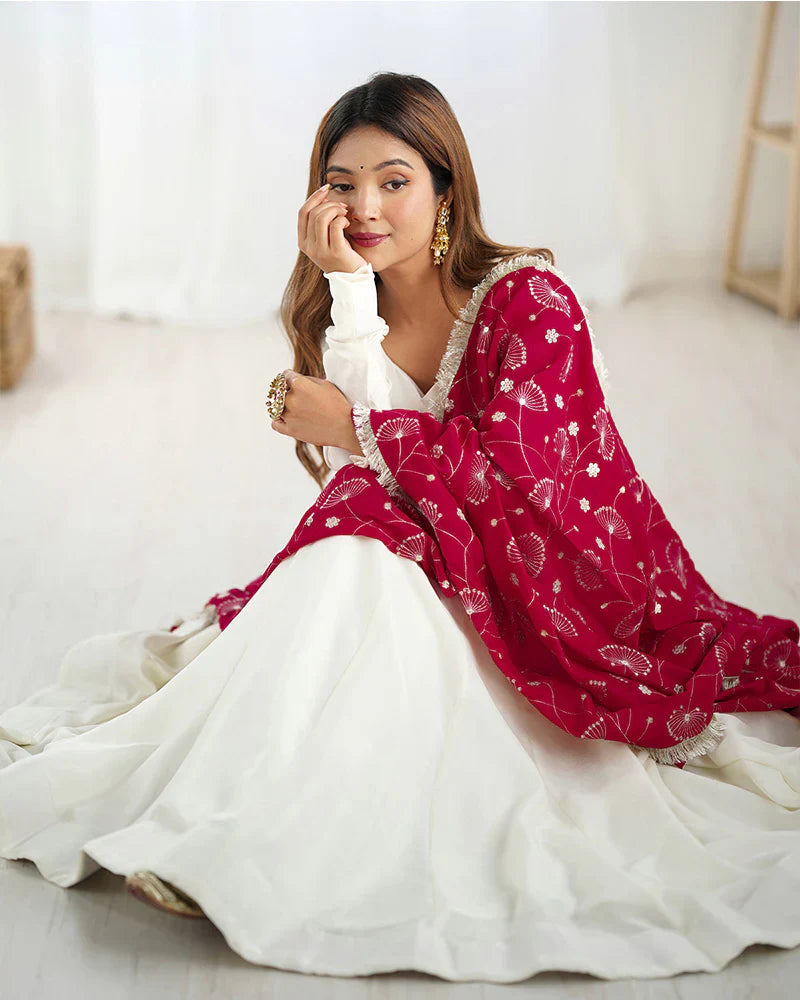 WHITE COLOR SOFT VICHITRA SILK ANARKALI WITH RANI PINK DUPATTA