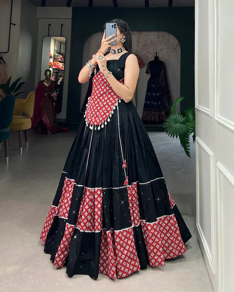 DESIGNER MAROON AND BLACK COLOR COTTON PRINTED LEHENGA CHOLI