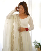 BEAUTIFUL WHITE COLOR PURE CHANDERI SILK THREE PIECE ANARKALI SUIT