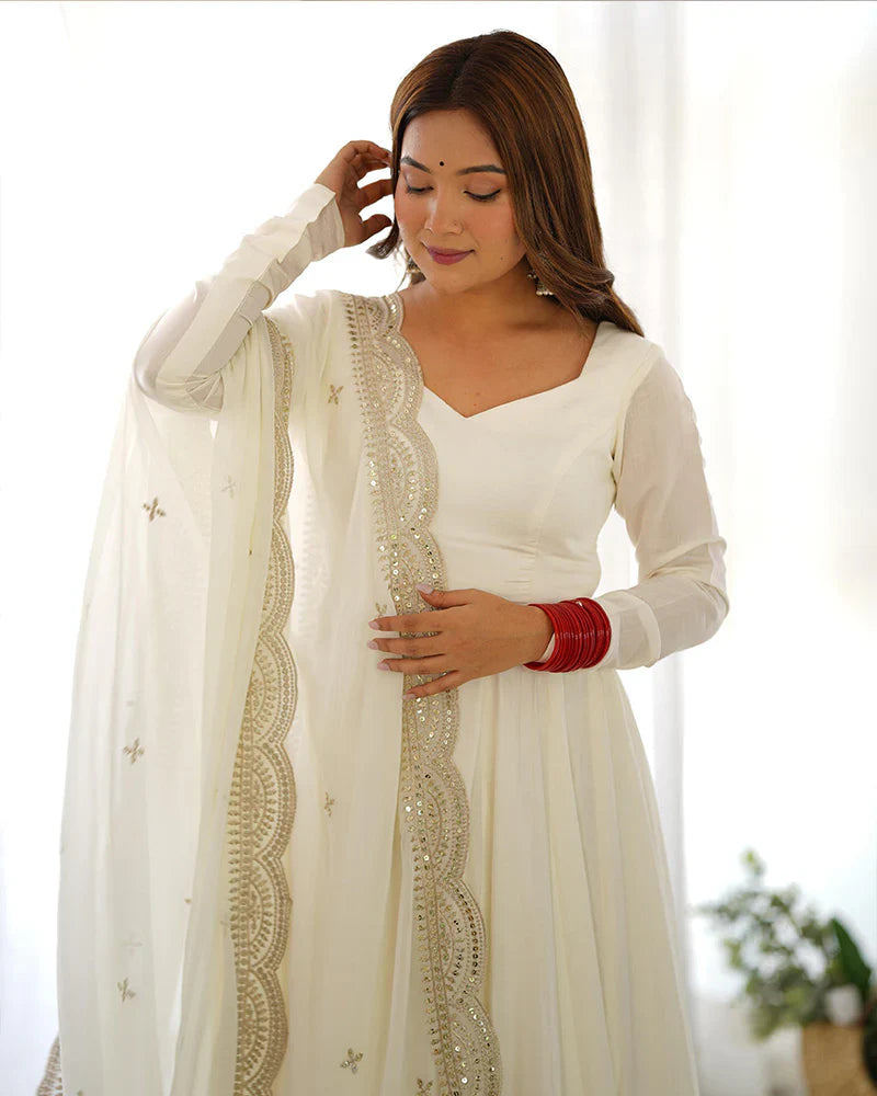 BEAUTIFUL WHITE COLOR PURE CHANDERI SILK THREE PIECE ANARKALI SUIT