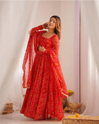 RED COLOR BANDHEJ PRINT SOFT CHIFFON ANARKALI SUIT SET OF 3