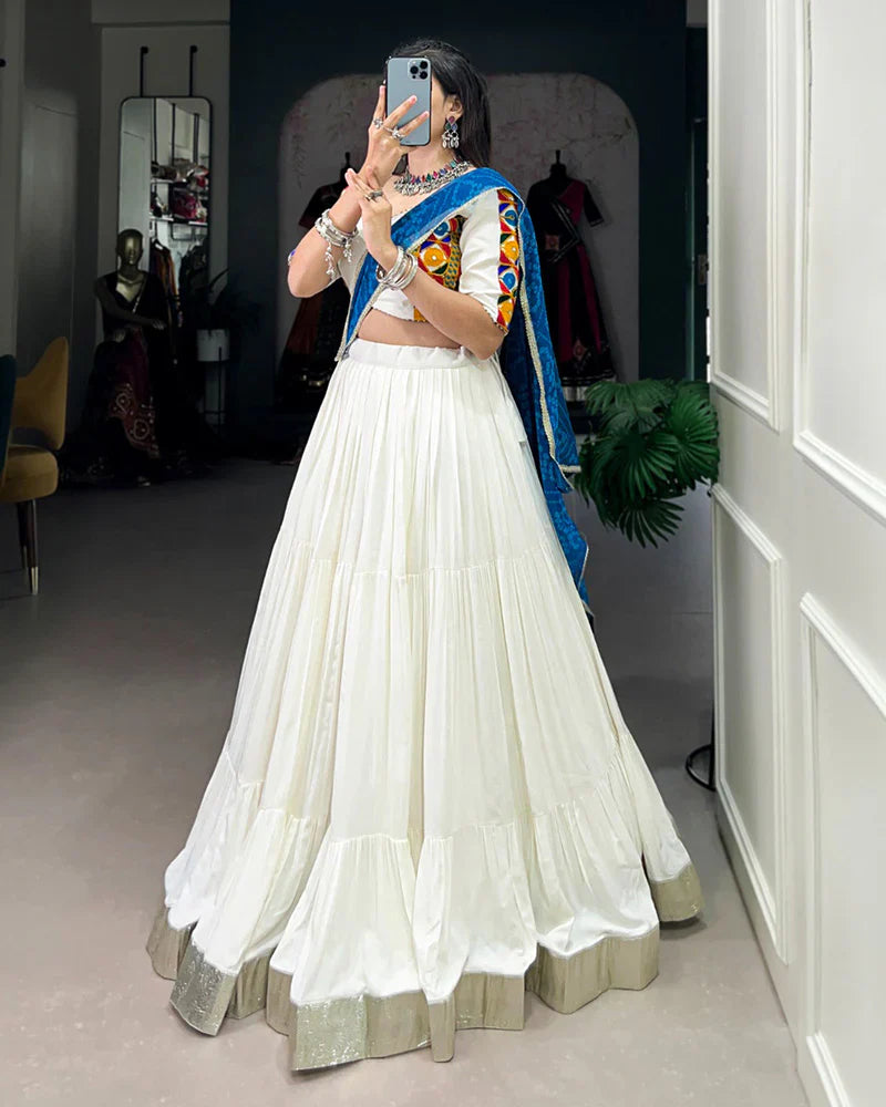 WHITE COLOR RAYON RUFFLE STYLE NAVRATRI LEHENGA CHOLI