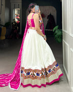 WHITE COLOR RAYON GAMTHI WORK NAVRATRI LEHENGA CHOLI