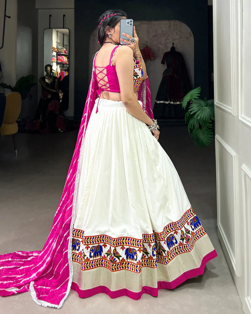WHITE COLOR RAYON GAMTHI WORK NAVRATRI LEHENGA CHOLI