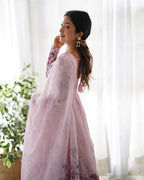 BABY PINK COLOR FLORAL PRINT ORGANZA THREE PIECE ANARKALI SUIT