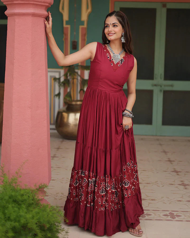 MAROON COLOR REYON PRINTED NAVRATRI GOWN