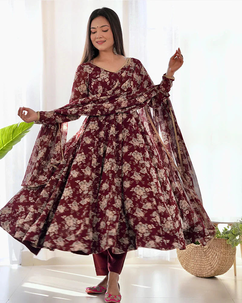 DARK MAROON COLOR GEORGETTE BASE ANARKALI SUIT SET OF 3