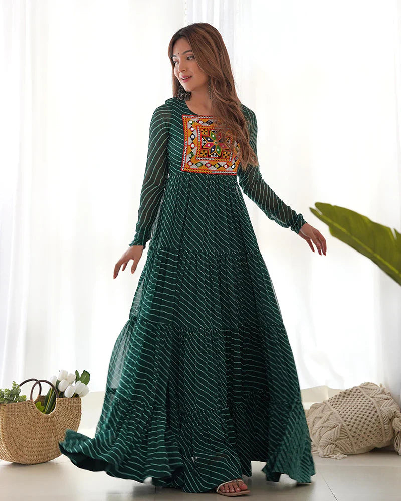 GREEN COLOR GEORGETTE LAHERIYA PRINT NAVRATRI GOWN