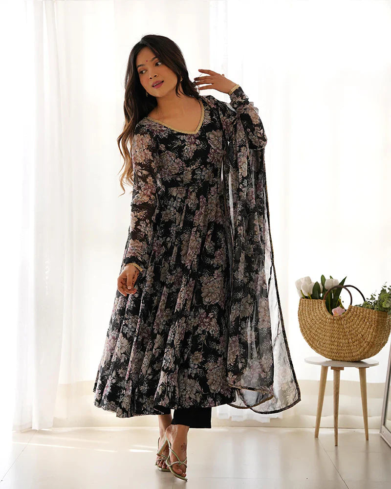 BLACK COLOR GEORGETTE THREE PIECE ANARKALI SUIT