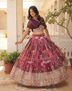 WINE COLOR DESIGNER RUSSIAN SILK EMBROIDERY CROP TOP LEHENGA CHOLI