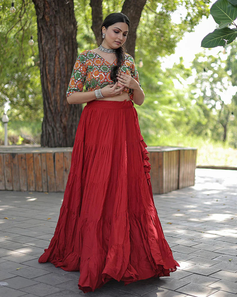 RED COLOR RAYON FULL FLAIR NAVRATRI LEHENGA CHOLI