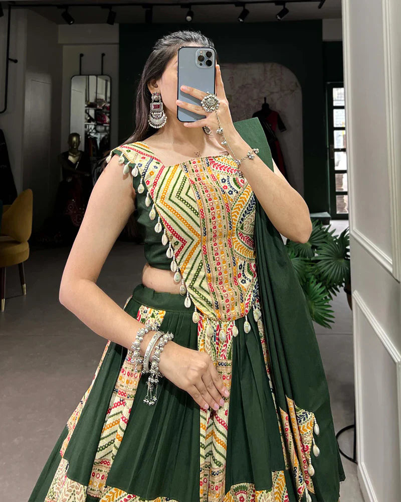 MEHNDI COLOR COTTON FOIL PRINTED NAVRATRI LEHENGA CHOLI