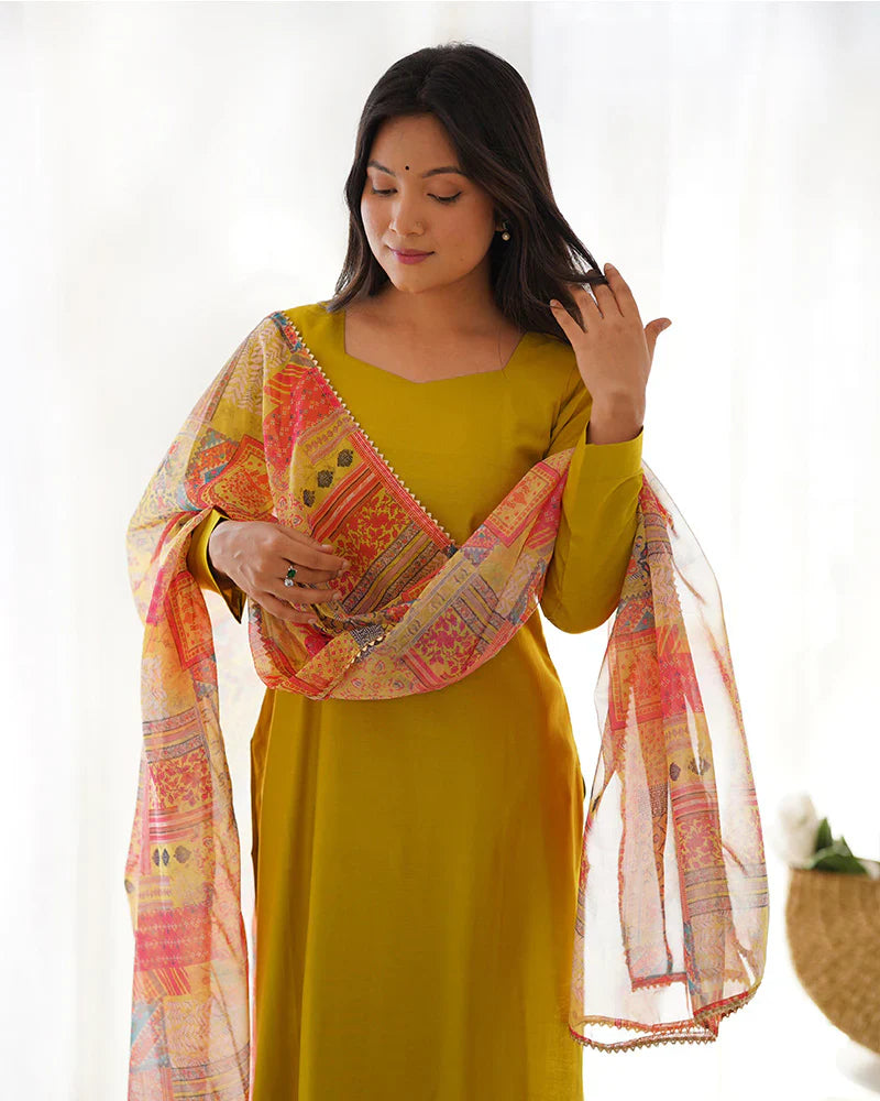 YELLOW COLOR VISCOSE READY TO WEAR THREE PIECE KURTI SUIT
