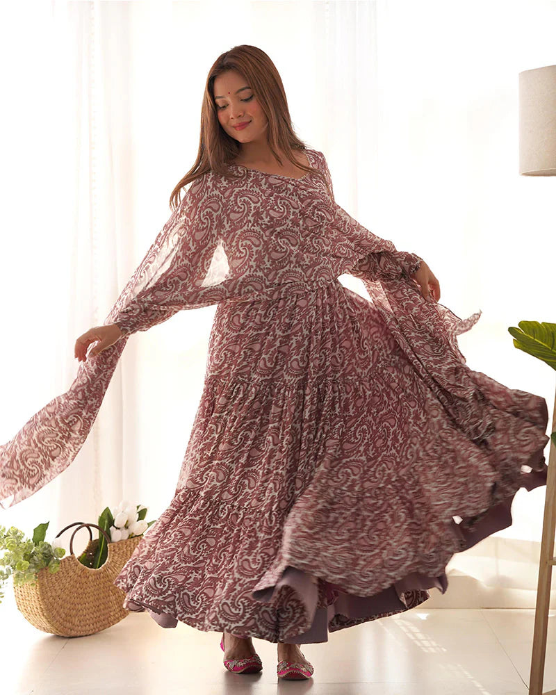 BROWN COLOR SOFT GEORGETTE RUFFLE STYLE ANARKALI SUIT