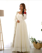 BEAUTIFUL WHITE COLOR PURE CHANDERI SILK THREE PIECE ANARKALI SUIT