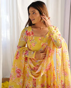 YELLOW COLOR GEORGETTE THREE LAYER RUFFLE STYLE ANARKALI SUIT