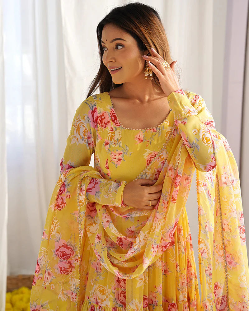 YELLOW COLOR GEORGETTE THREE LAYER RUFFLE STYLE ANARKALI SUIT