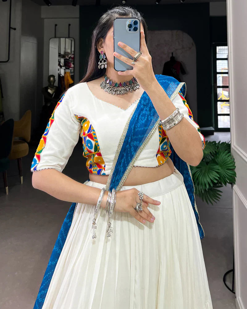 WHITE COLOR RAYON RUFFLE STYLE NAVRATRI LEHENGA CHOLI