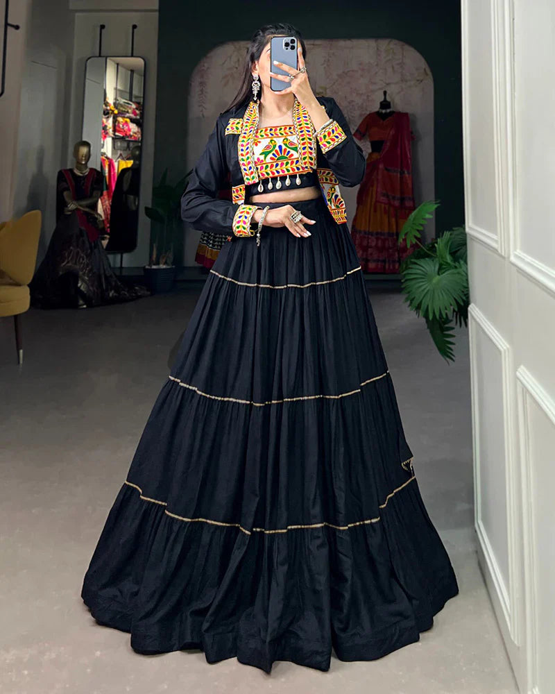 BLACK COLOR PURE RAYON GAMTHI NAVRATRI LEHENGA CHOLI