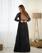 BLACK COLOR GEORGETTE LAHERIYA PRINT NAVRATRI GOWN